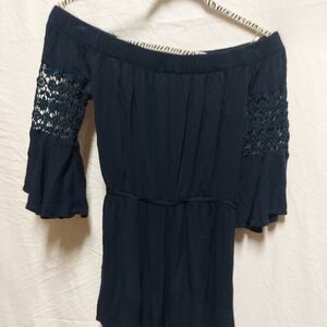 Hint of Blush deep navy off the shoulder romper size  S